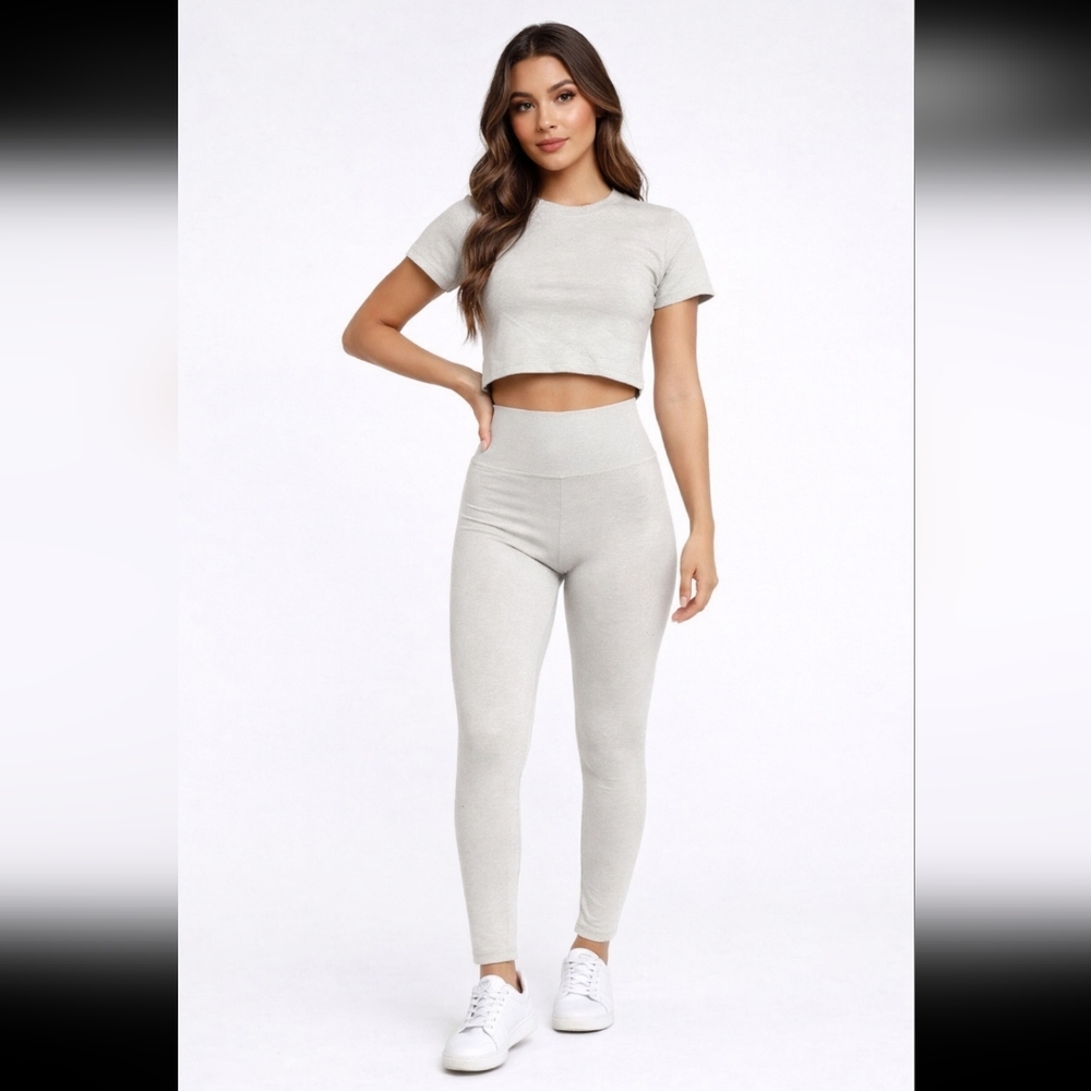 Light Grey Lounge Set |Cropped Tee & High-Waist Leggings | Light Compression New